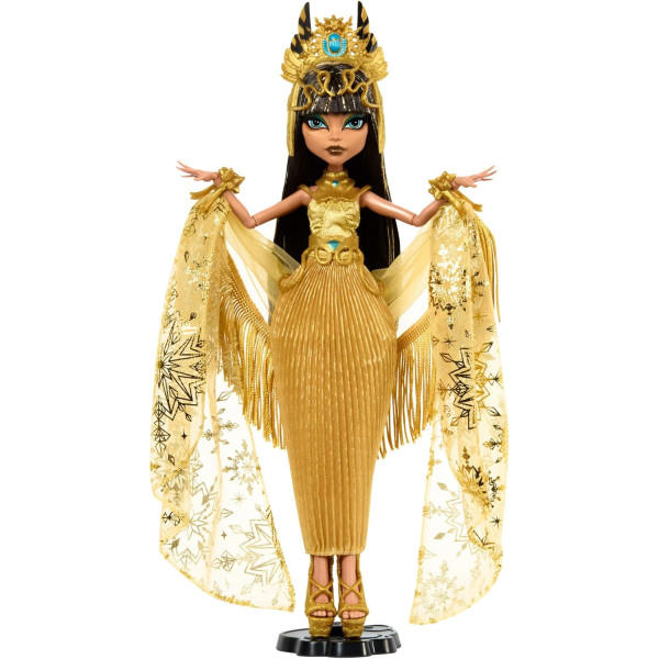 Monster High - Fêtes de fin d’année - Poupée Cleo de Nile en robe dorée avec des accessoires HXJ00