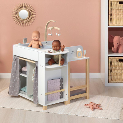 Maison de poupée design moderne en bois blanc, naturel et gris.